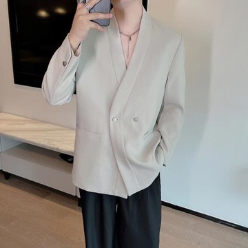 秋季韓版設計感簡約休閑無領西服男輕熟風高級感墊肩輕奢西裝外套