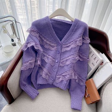 廣州十三行高貨爆款~法式蕾絲拼接V領針織開衫短款毛衣上衣女