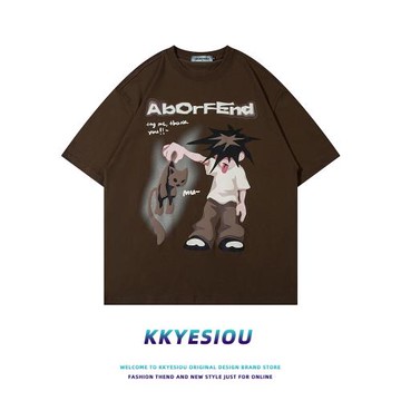 KKyesiou潮牌設計感嘻哈印花短袖T恤男女美式復古hiphop情侶上衣