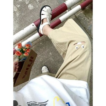 日系復古趣味卡通工裝九分褲女夏設計感小眾別致鏤空松緊腰闊腿褲