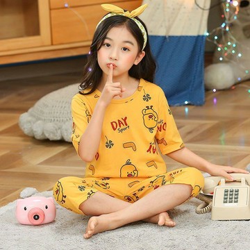 網友好評狂推❤️女童夏季薄款純棉睡衣七分短袖空調服兒童中小童家居服套裝休閒服H1NL