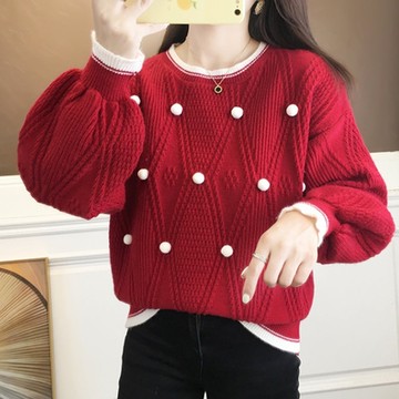 La Belleza圓領甜美風菱形格燈籠袖立體毛球球加厚保暖針織毛衣