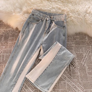 直筒高腰牛仔褲闊腿褲女寬松顯瘦拼接設計感美式復古高街潮百搭秋季新款