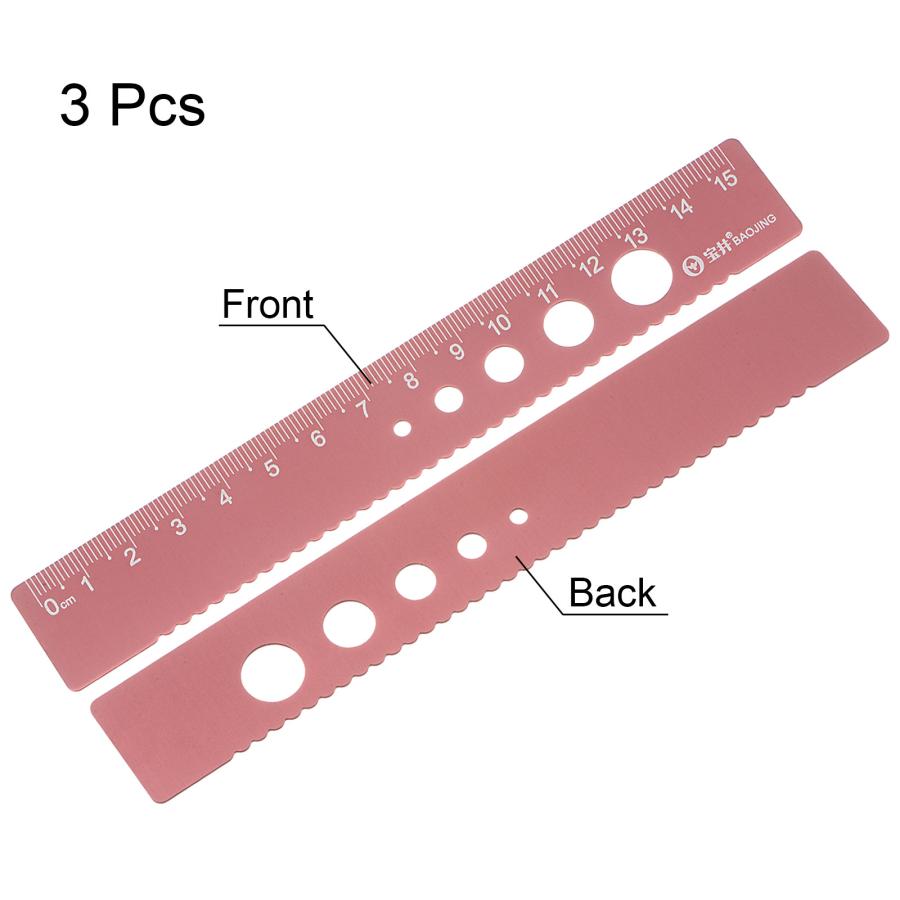 uxcell 直定規 15cmメトリック アルミニウム合金 定規ウェーブエッジ 中空円付き 測定ツール 子供学習 教室 事務室用 オールドローズ 3個