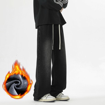 【HOT 本舖】男装加絨牛仔褲2025秋冬高品質潮牌美式高街重工洗水大版直筒潮牌牛仔褲男