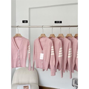 POPW 乖乖學妹 粉色針織開衫外套女純欲風修身V領收腰短款上衣