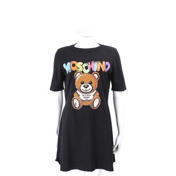 MOSCHINO 七彩氣球泰迪熊純棉黑色短袖長版針織衫 洋裝