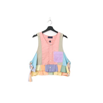 Back to Green-再製側綁帶背心 馬可龍色拼接 vt-113//vintage