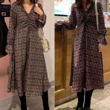 MOCOV領中間抽繩抽皺荷葉袖綁帶收腰碎花雪紡洋裝XL~5XL