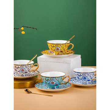 景德鎮琺瑯彩骨瓷咖啡杯碟套裝女高檔精致宮廷金邊輕者辦公室杯子