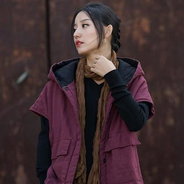 【米蘭精品】棉麻外套休閒大衣-夾棉加厚苧麻炒色做舊馬甲女外套2色74in5