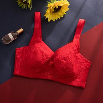 新結婚新娘本命年紅色內衣大胸顯小大碼調整型有鋼圈聚攏文胸薄款