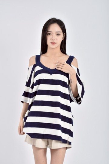 加購優惠(XL) poly lulu露肩條紋藍色上衣