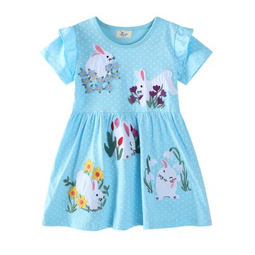 Jumping meters - 棉質圓領荷葉邊短袖洋裝-白兔小花-藍色點點