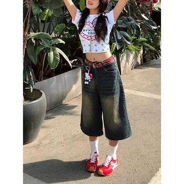 壹禾YIHOO🔶[現貨]美式復古做舊藍七分牛仔褲女2025夏季高腰修身直筒中褲過膝闊腿褲