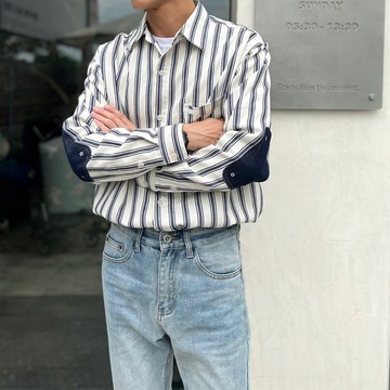 韓版 復古補丁 豎條紋 襯衫｜男裝 長袖襯衫 補丁 男生襯衫