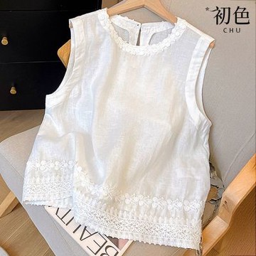 初色 純色無袖圓領蕾絲刺繡花邊背心上衣背心女背心-共3色-14175(M-2XL可選)