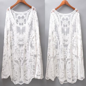 比基尼罩衫鏤空泳衣沙灘外套蕾絲透明長袖防曬女上衣寬松夏季度假