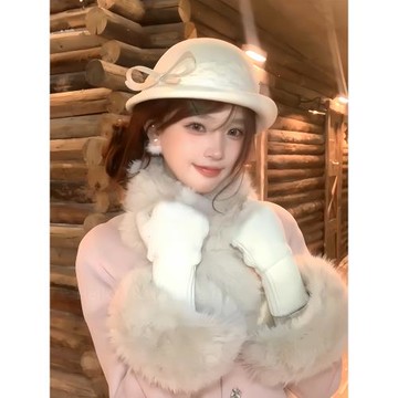 法式名媛蕾絲蝴蝶結羊毛呢貝雷帽女冬季2025新款赫本復古圓頂禮帽