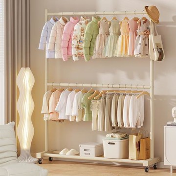 兒童房衣帽架臥室落地可移動衣帽架奶油風掛衣架上下雙層兒童衣架