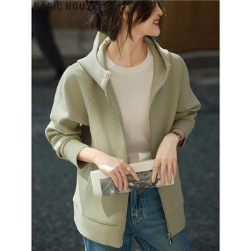 Basic House/百家好松石綠連帽衛衣外套開衫上衣女士2025秋季新款