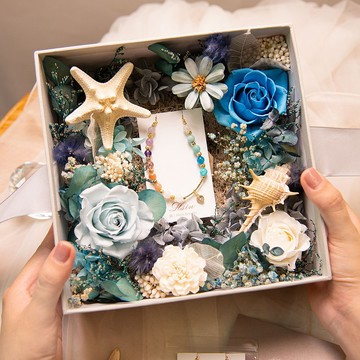 【海洋藏寶箱】永生花乾燥花花盒 婚禮戒盒 天然水晶手鍊 k金項鍊
