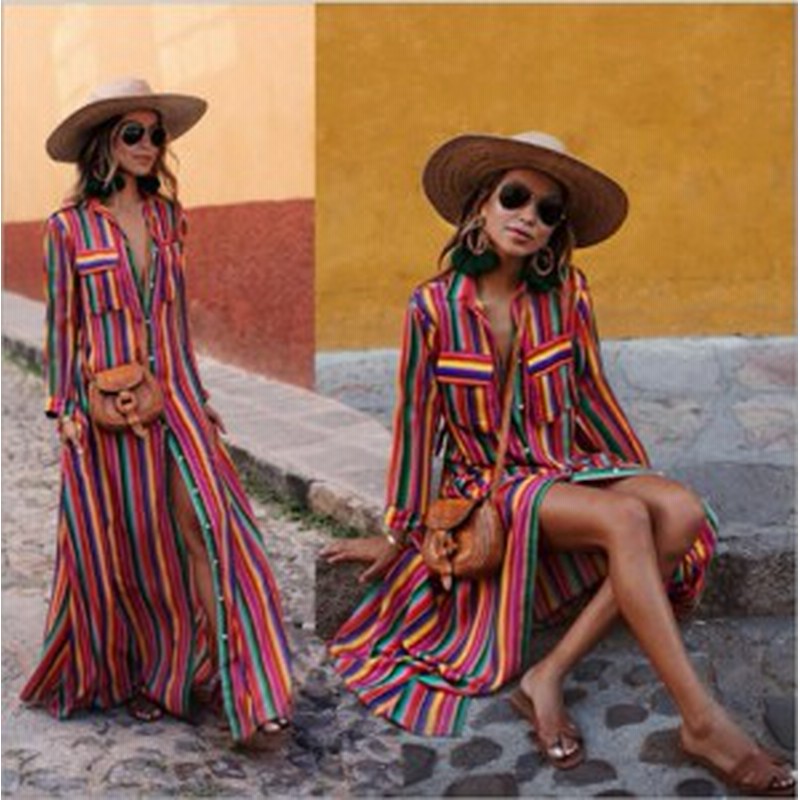 シャツワンピ ストライプ リゾート マキシ丈 カラフル ワンピース Kh 2663 通販 Lineポイント最大1 0 Get Lineショッピング