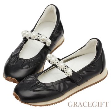 【Grace Gift】珍珠小花條帶魔鬼氈芭蕾舞瑪莉珍鞋 黑