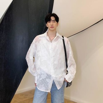 很仙的襯衫男長袖提花面料慵懶風寬松上衣潮流韓版微透視性感男裝