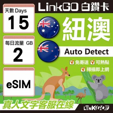 LINKGO白鑽卡 紐澳 eSIM卡 15天上網卡 每日2GB 高速流量(紐澳網卡 紐西蘭 澳洲 虛擬卡)