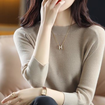 【精紡羊毛衫】秋季精紡羊毛衫圓領九分袖套頭T恤女寬松鏤空上衣