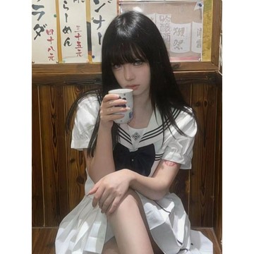 【她主義服裝】 精選優品 夏季水手JK製服女套裝高腰顯瘦學生昭和感白色刺繡 水手服套裝 套裝 裙子