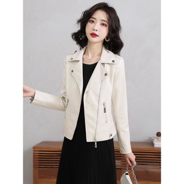 外套女米白色修身短款機車服皮衣
