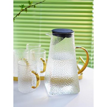 歐式輕奢金邊錘紋玻璃水壺套裝耐高溫大容量家用涼水壺水杯帶托盤