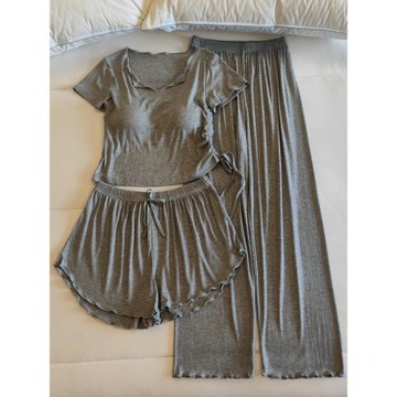 莫代爾帶胸墊睡衣女春夏季薄款短袖短褲長褲性感網紅風家居服套裝