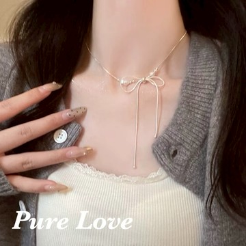Pure Love樂芙 / 正韓 鈦鋼【L316醫療鋼】G0091簡約珍珠蝴蝶結蛇骨鎖骨鏈 短項鏈 / 銀
