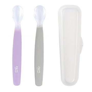 tgm 嬰兒矽膠湯匙組 湯匙150*18mm*2支+收納盒*1個 6個月以上  紫色+灰  1組