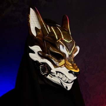 棕白色賽博龐克狐狸面具  搭配智慧型RGB燈光  未來風狼面具