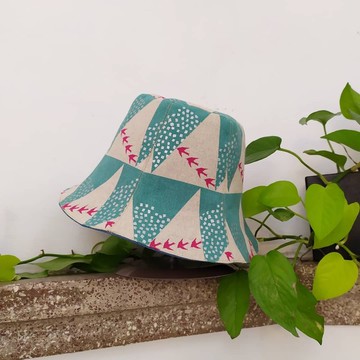 手工雙面漁夫帽/短帽簷/遮陽帽/飛鳥/藍綠色