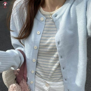 臺灣出貨 針織外套軟糯慵懶風開衫毛衣女外套秋冬新款淺藍色休閒長袖針織衫上衣學生 女生外套 針織上衣 女生上衣