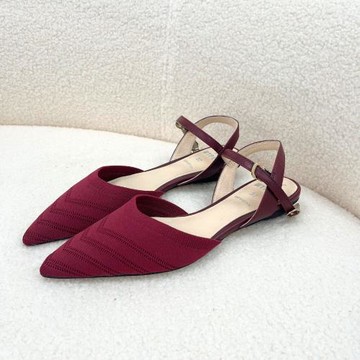 尖頭針織低跟涼鞋性感低跟鞋淺口繞帶涼鞋女平底(2色）