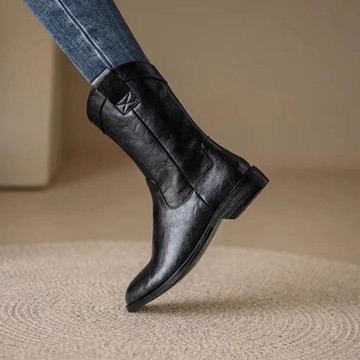 真皮復古西部牛仔靴女2025秋冬新款圓頭低跟馬丁靴套筒加絨短靴女