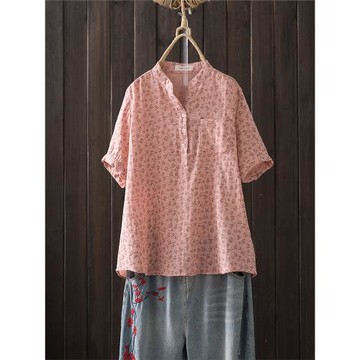 原創小v領蒲公英印花短袖雙層棉紗襯衣女夏寬松顯瘦上衣柔軟襯衫