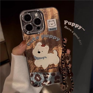 豹紋小狗公仔適用蘋果16promax手機殼新款彩繪iPhone15pro冰川紋IMD14卡通可愛13個性創意12全包防摔11保護套