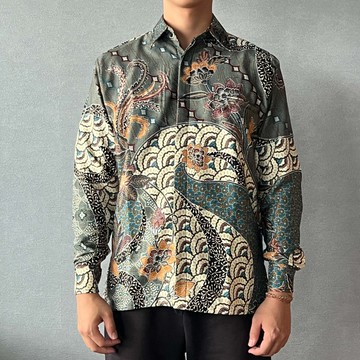 印尼蠟染幾何織紋長袖襯衫 SATRIA - 藍波繁花 - SAT001