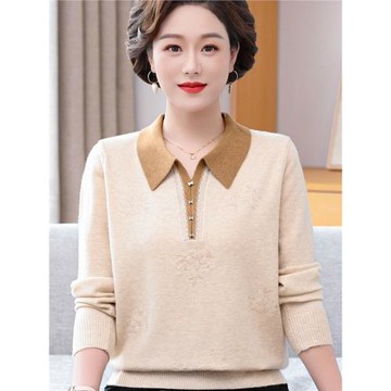 媽媽秋裝2025新款翻領針織衫上衣中老年女春秋洋氣毛衣打底衫套裝