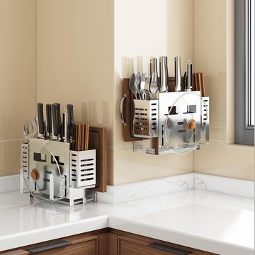 304不銹鋼廚房刀具置物架免打孔 刀架筷子籠一體收納壁掛式刀架