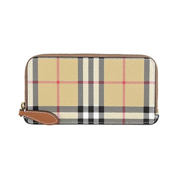 BURBERRY 巴寶莉 內裡燙印LOGO格紋PVC 6卡對拉鍊長型卡夾錢包(典藏米)
