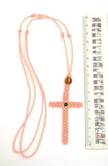 項鍊 手工編織十字架搭配橄欖木珠 頸圍長度可調整 粉色 8105