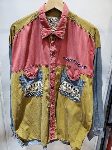 日本古著 Diana 丹寧拼接 刺繡 長袖襯衫 L號